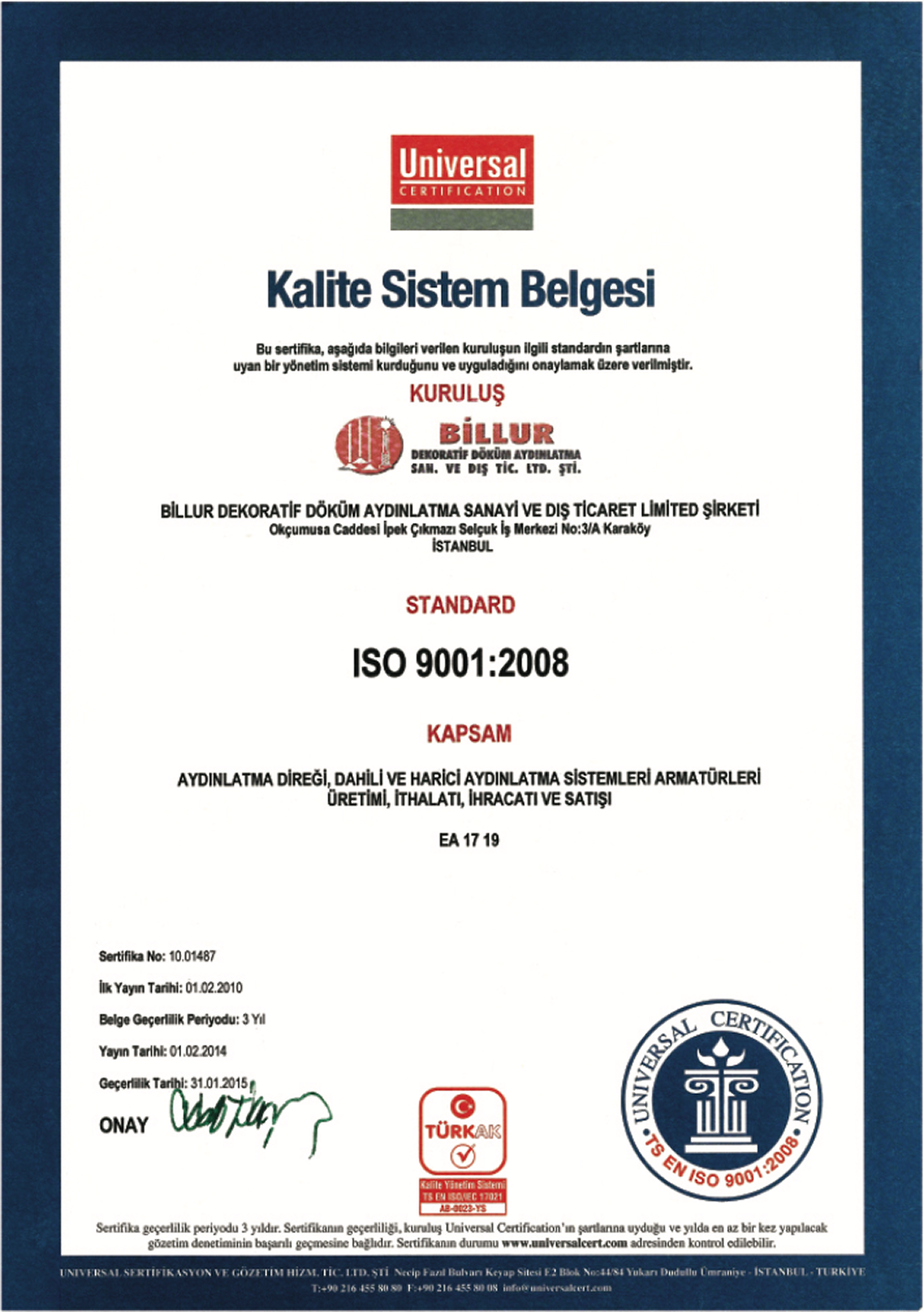 ISO 9001:2008 Kalite Sistem Belgesi – 2014