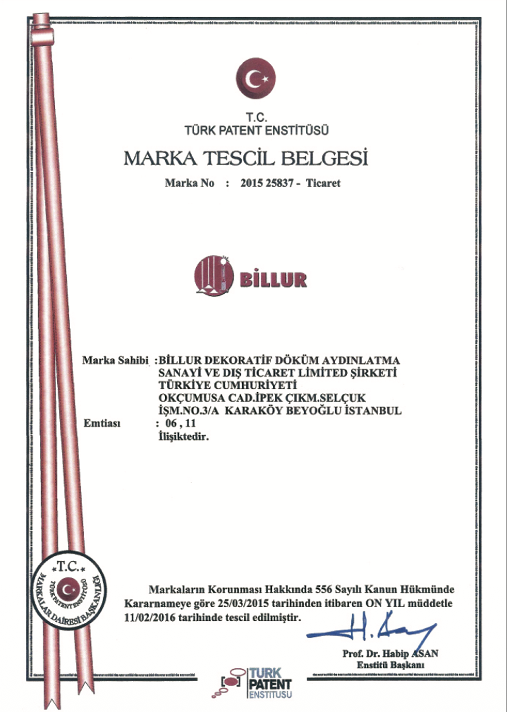 Billur Marka Tescil Belgesi