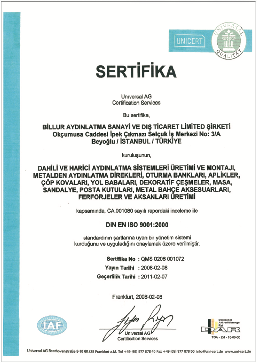 DIN EN ISO 9001:2000 Kalite Yönetim Sistemi Belgesi