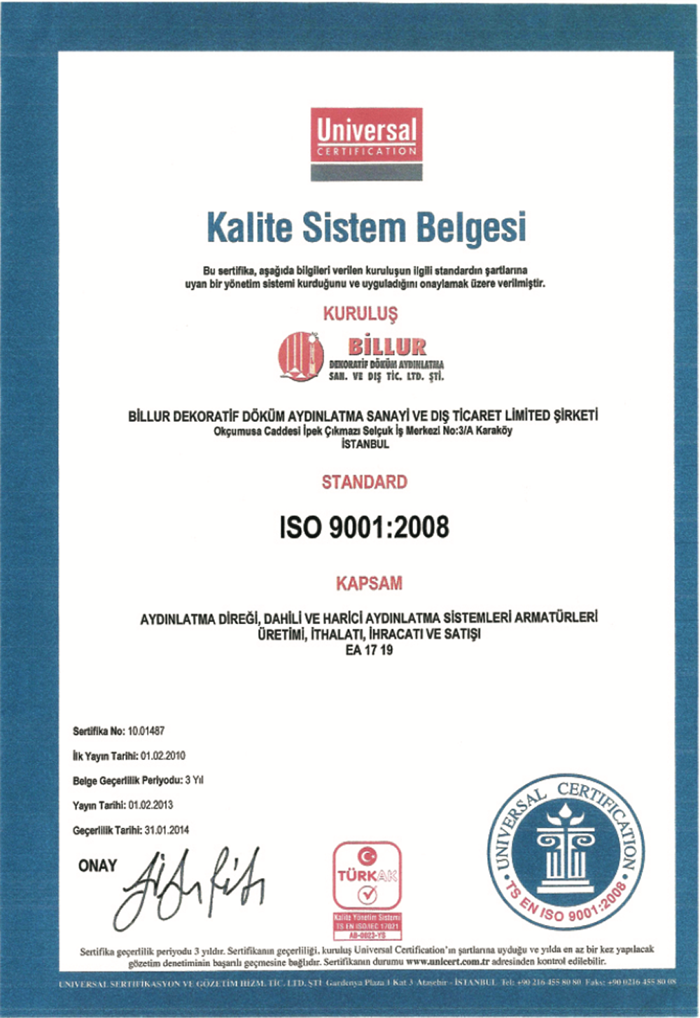 ISO 9001:2008 Kalite Sistem Belgesi – 2013